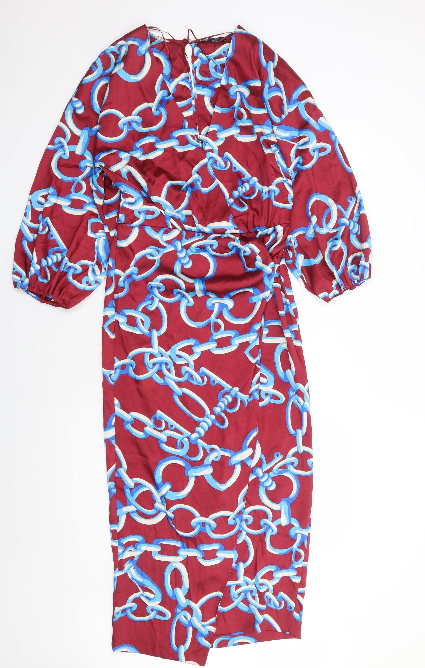 Zara Womens Red Geometric Polyester Bodycon Size XS V-Neck Button