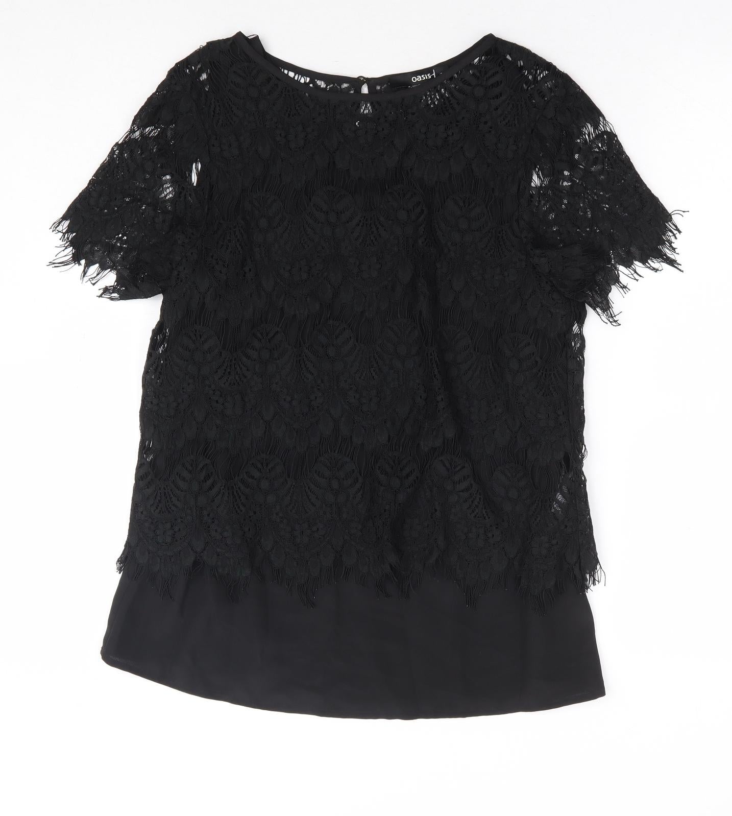 Oasis Womens Black Polyester Basic Blouse Size 8 Round Neck