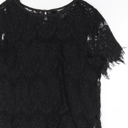 Oasis Womens Black Polyester Basic Blouse Size 8 Round Neck