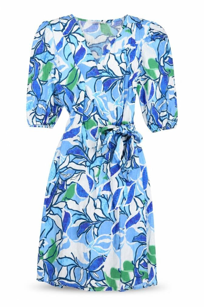 Yare Womens Blue Floral Polyester Wrap Dress Size S V-Neck Tie