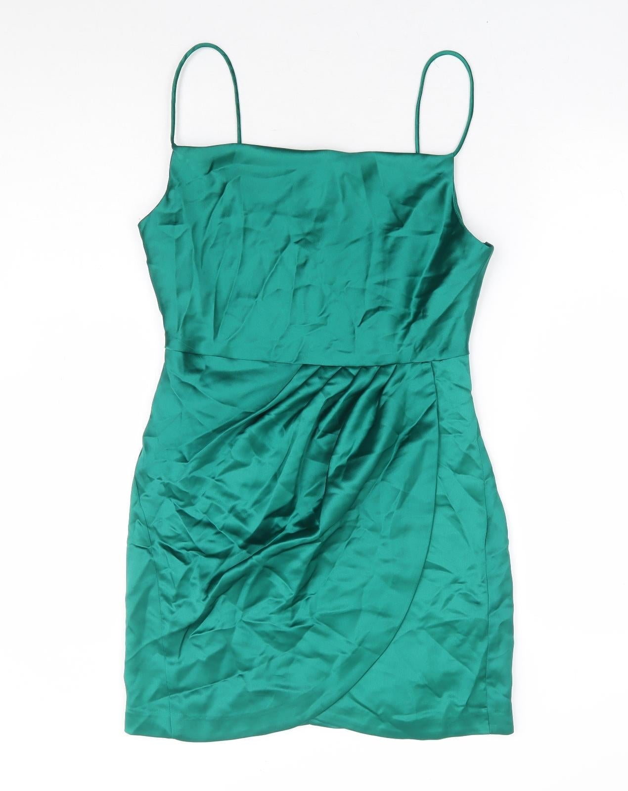 Zara Womens Green Polyester Slip Dress Size S Square Neck Zip