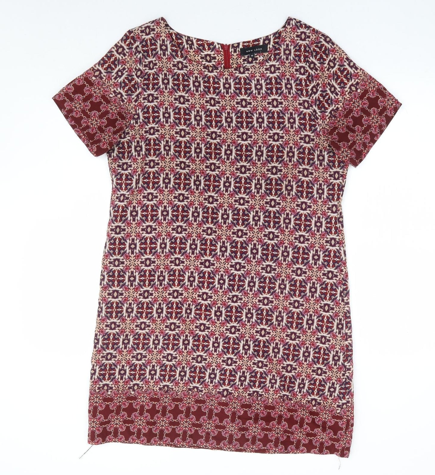 New Look Womens Red Geometric Polyester Shift Size 12 Round Neck Zip