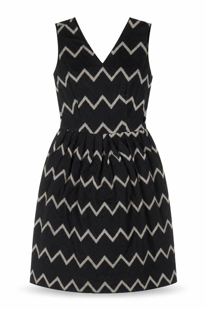 Mela London Womens Black Geometric Polyester Fit & Flare Size 8 V-Neck Zip