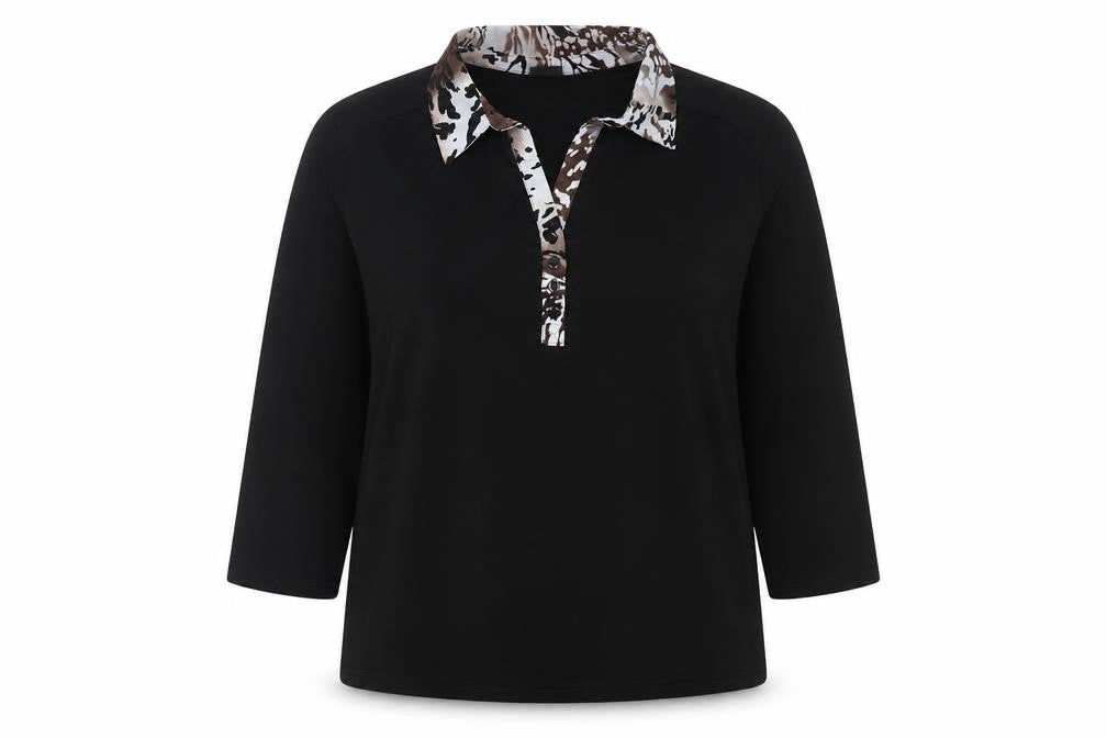 Happy D Womens Black Geometric Polyester Basic Blouse Size L Collared