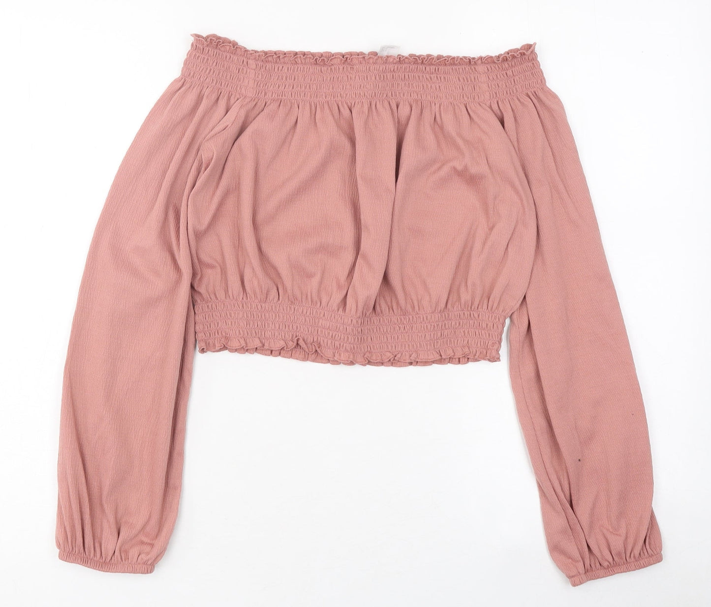 Divided by H&M Womens Pink Polyester Cropped T-Shirt Size S Off the Shoulder - Balloon Sleeves