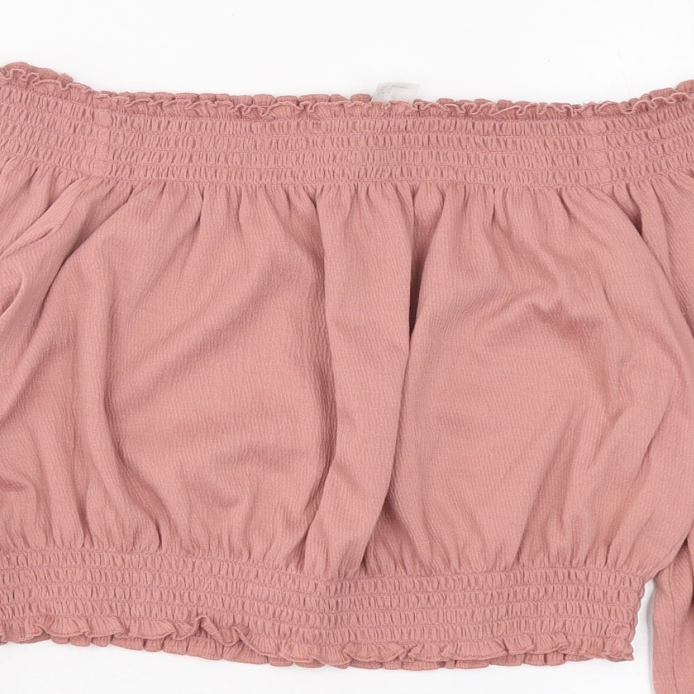 Divided by H&M Womens Pink Polyester Cropped T-Shirt Size S Off the Shoulder - Balloon Sleeves
