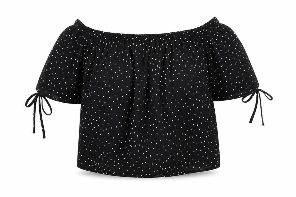 Topshop Womens Black Polka Dot Polyester Cropped T-Shirt Size 14 Boat Neck