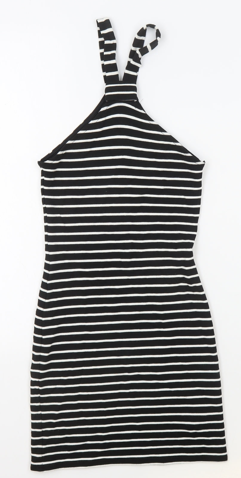 Topshop Womens Black Striped Viscose Bodycon Size 8 High Neck Pullover
