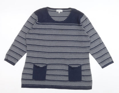 Chianti Womens Blue Crew Neck Striped Cotton Pullover Jumper Size XL