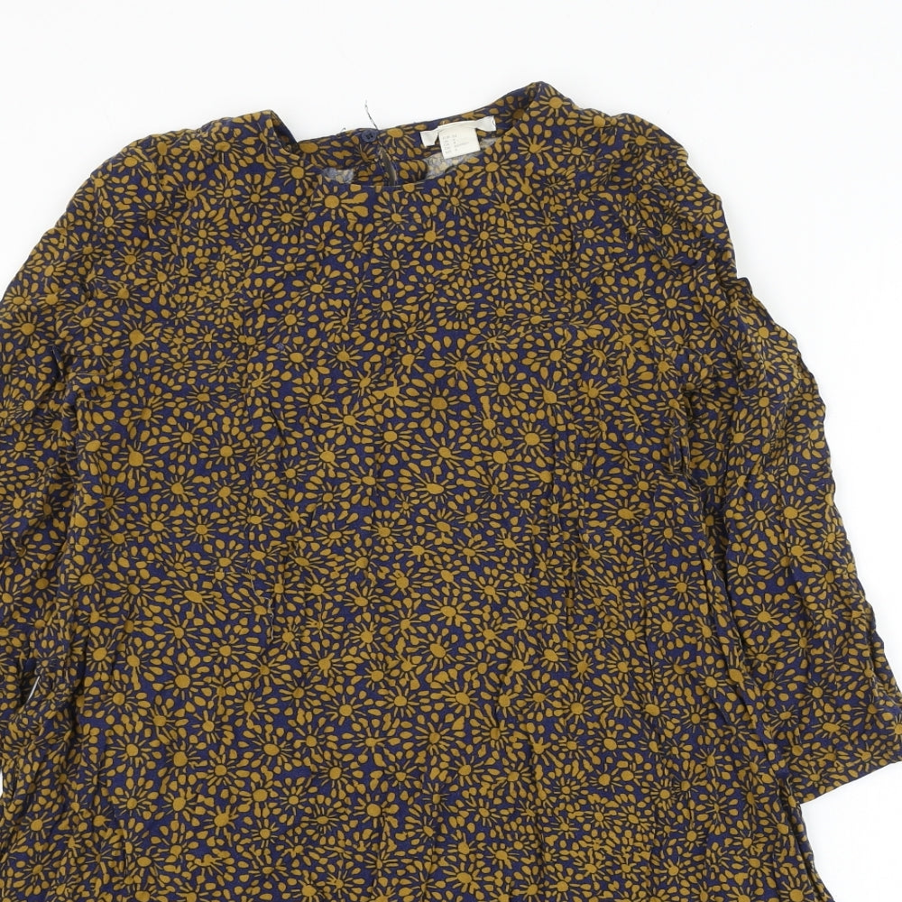 H&M Womens Multicoloured Floral Viscose Skater Dress Size 6 Round Neck Button