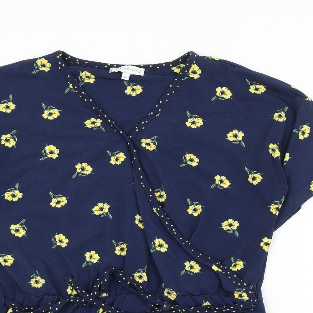 Warehouse Womens Blue Floral Polyester Wrap Blouse Size 12 V-Neck