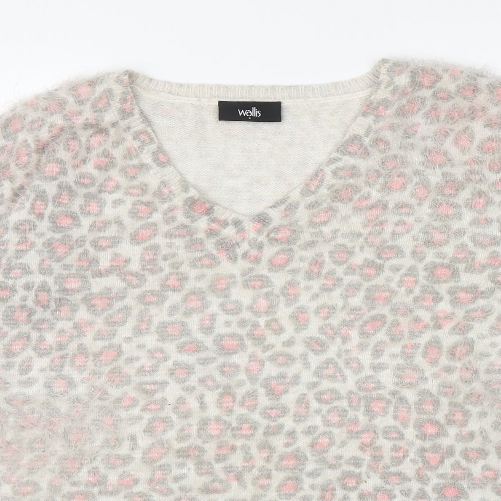 Wallis Womens Grey V-Neck Animal Print Nylon Pullover Jumper Size S - Leopard Print
