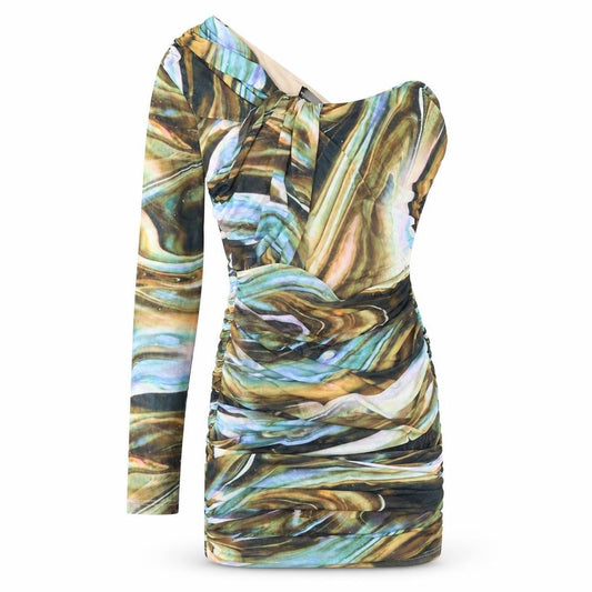 PRETTYLITTLETHING Womens Multicoloured Geometric Polyester Bodycon Size 8 Off the Shoulder Zip