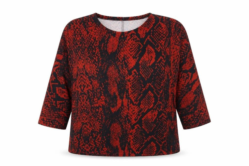 Simon Jeffrey Womens Red Animal Print Polyester Basic T-Shirt Size 12 Round Neck - Snake Skin Print