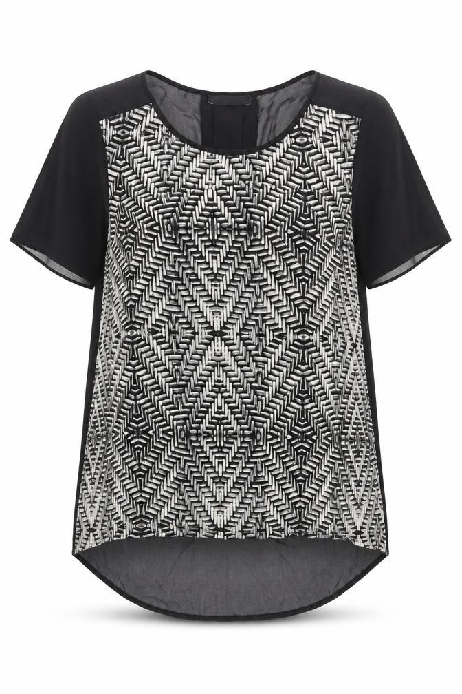 George Womens Black Geometric Polyester Jersey Blouse Size 10 Round Neck