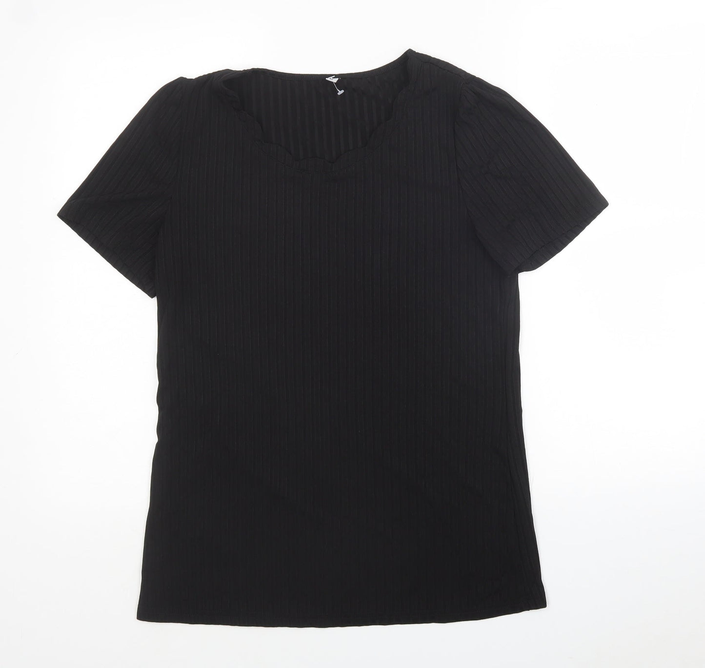 Preworn Womens Black Striped Polyester Basic T-Shirt Size M Round Neck - Ribbed