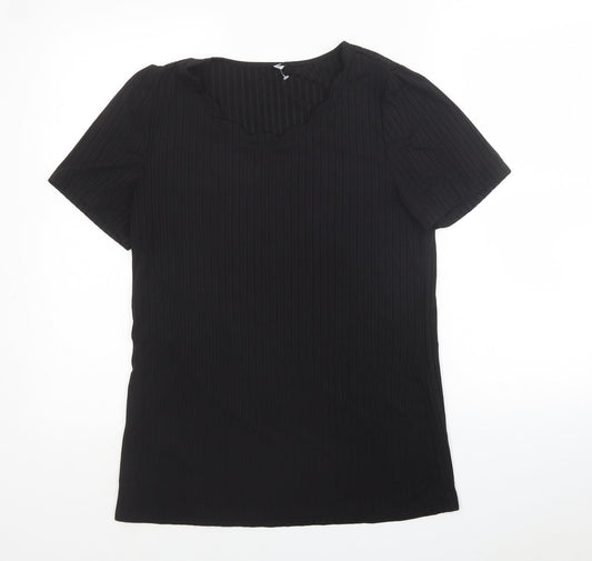 Preworn Womens Black Striped Polyester Basic T-Shirt Size M Round Neck - Ribbed