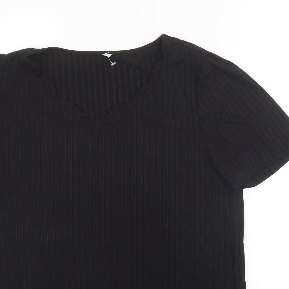 Preworn Womens Black Striped Polyester Basic T-Shirt Size M Round Neck - Ribbed