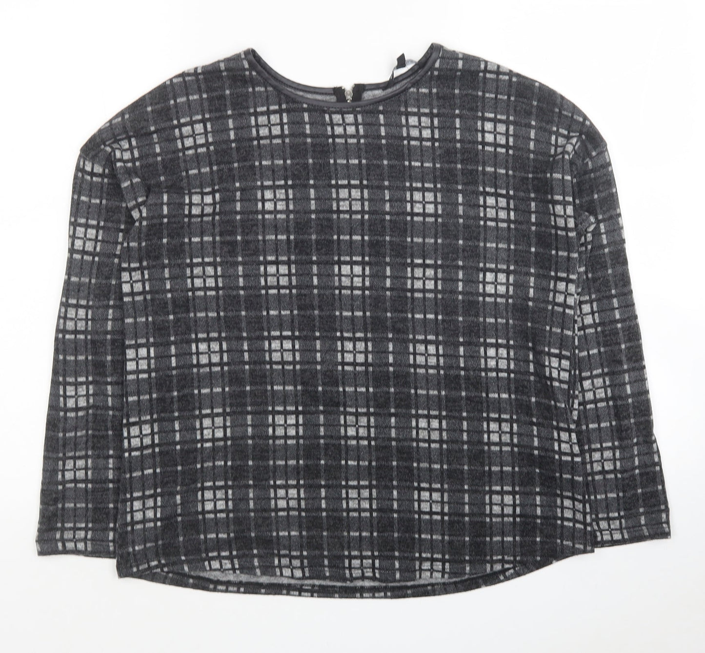 Peacocks Womens Grey Plaid Polyester Basic Blouse Size 12 Round Neck