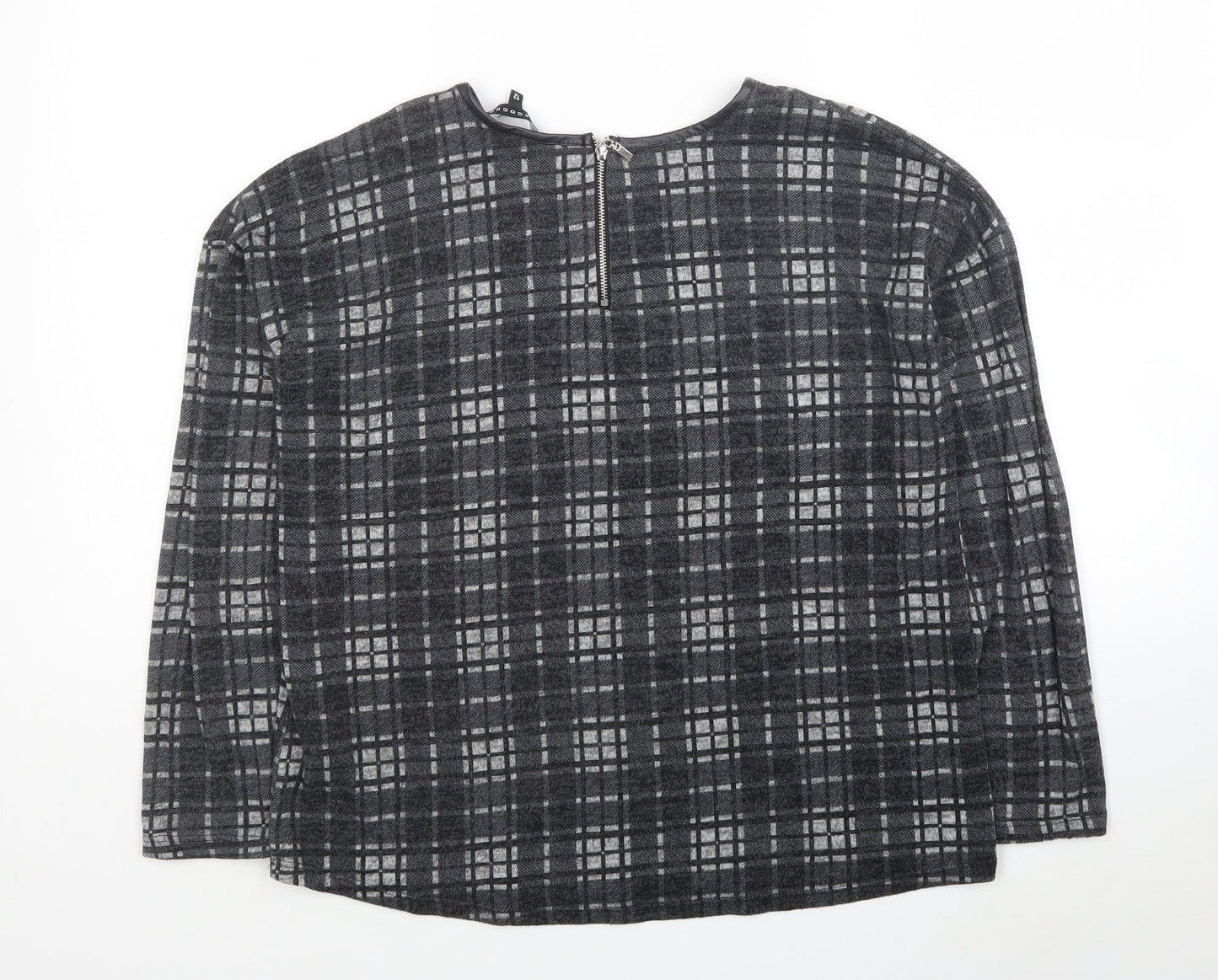 Peacocks Womens Grey Plaid Polyester Basic Blouse Size 12 Round Neck