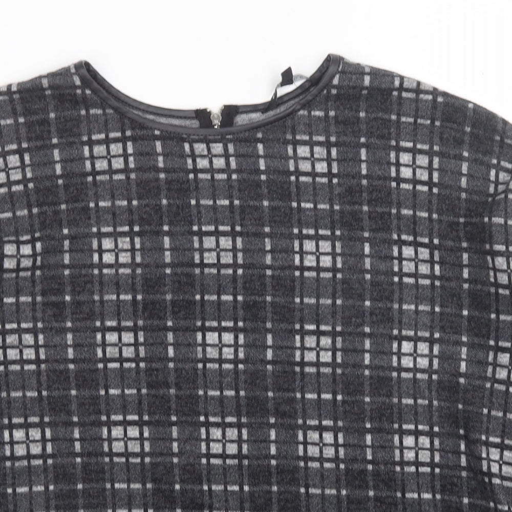 Peacocks Womens Grey Plaid Polyester Basic Blouse Size 12 Round Neck
