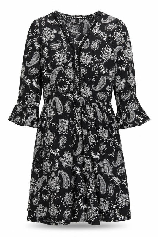 F&F Womens Black Floral Viscose Fit & Flare Size 6 V-Neck Pullover - Lace trim