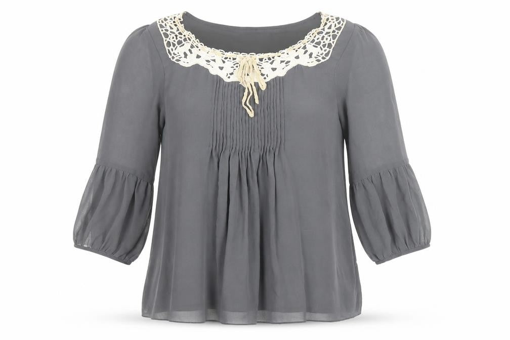 Darling Womens Grey Polyester Basic Blouse Size L Scoop Neck - Lace trim