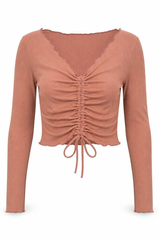 SheIn Womens Brown Polyester Basic Blouse Size S V-Neck - Ruched front