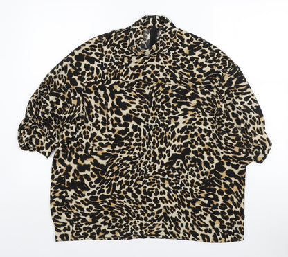Zara Womens Brown Animal Print Polyester Basic Blouse Size S Mock Neck