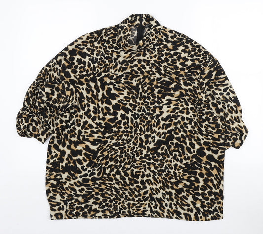 Zara Womens Brown Animal Print Polyester Basic Blouse Size S Mock Neck