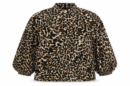 Zara Womens Brown Animal Print Polyester Basic Blouse Size S Mock Neck