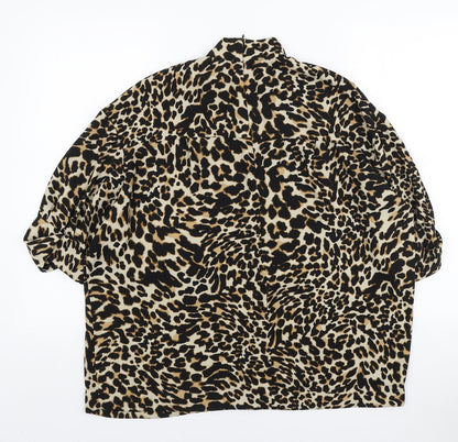 Zara Womens Brown Animal Print Polyester Basic Blouse Size S Mock Neck