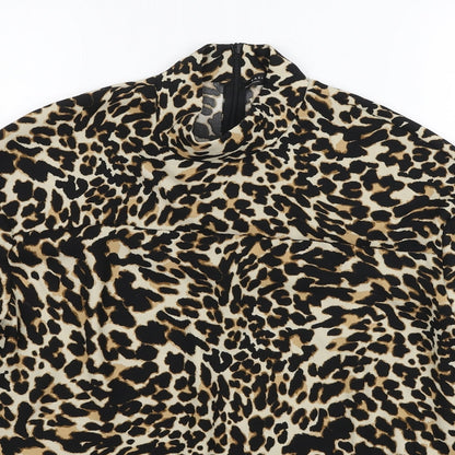 Zara Womens Brown Animal Print Polyester Basic Blouse Size S Mock Neck