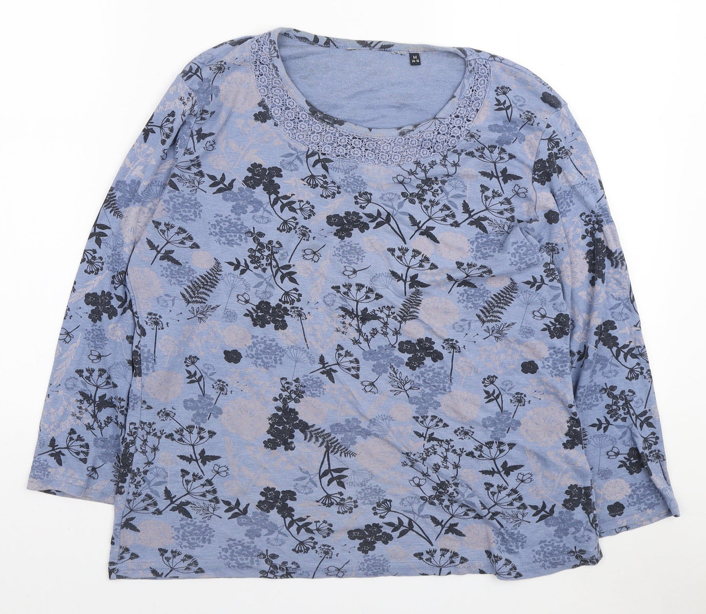EWM Womens Blue Floral Polyester Basic T-Shirt Size M Round Neck - Lace Neckline