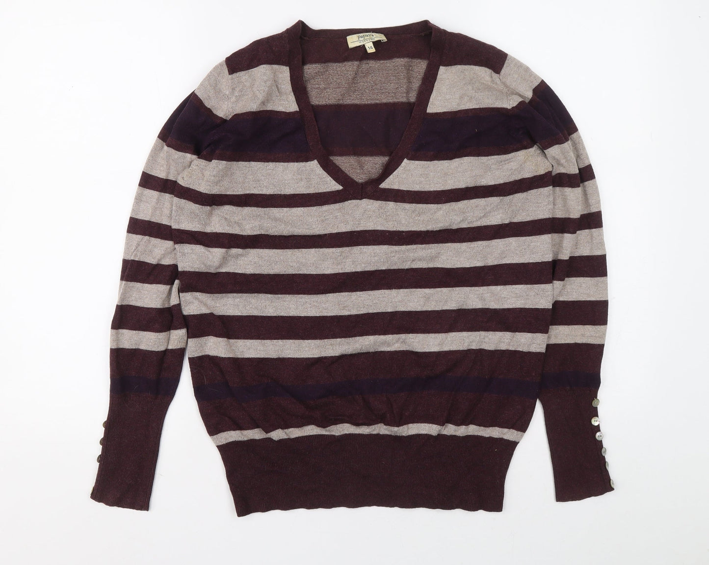 Papaya Womens Multicoloured V-Neck Striped Viscose Pullover Jumper Size 14