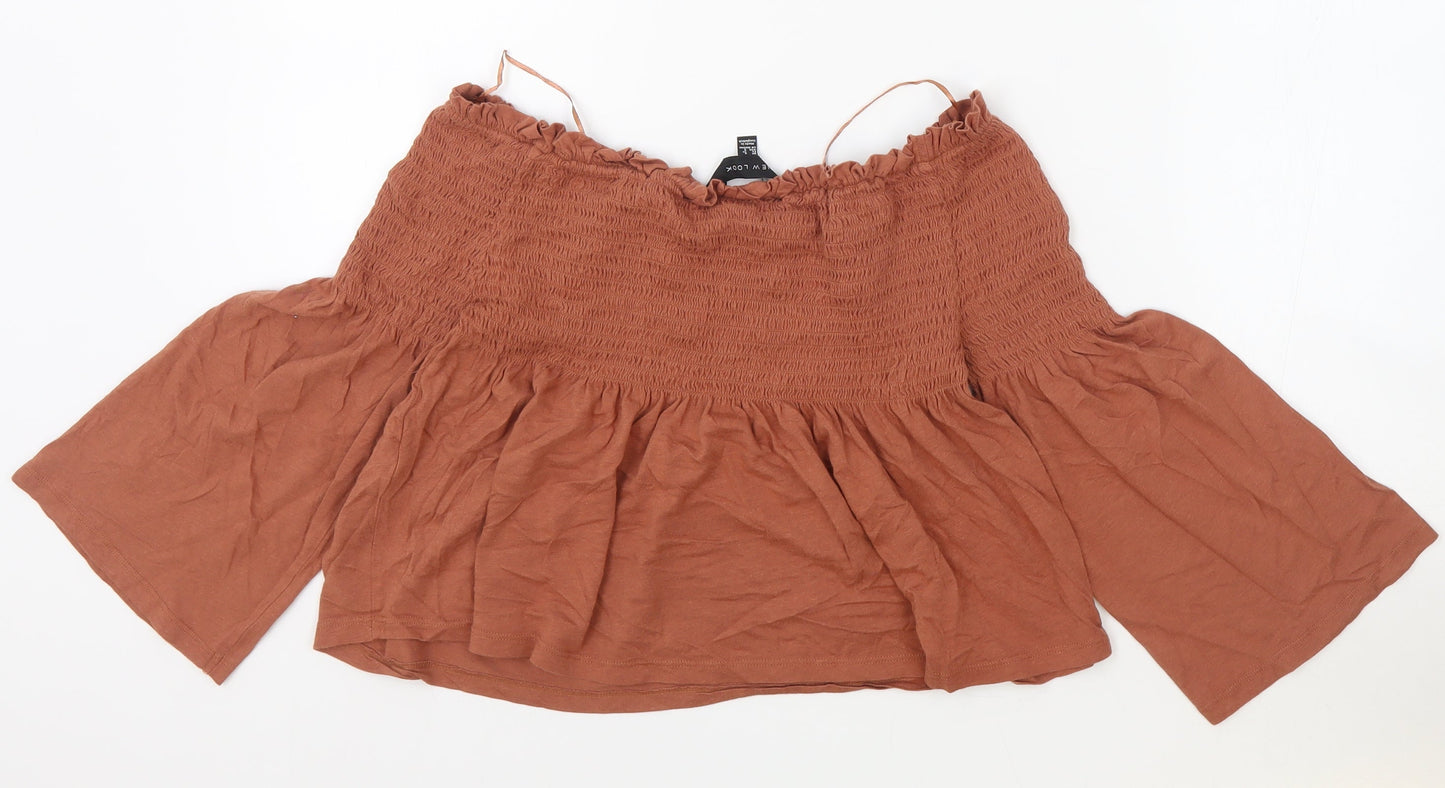 New Look Womens Orange Cotton Cropped Blouse Size 8 Off the Shoulder - Elasticated
