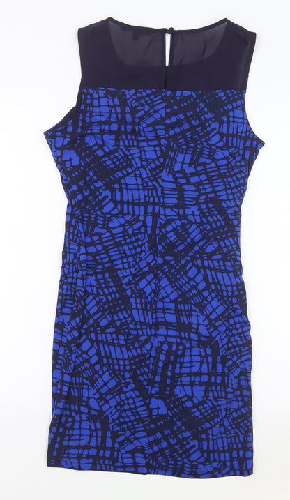 Next Womens Blue Geometric Polyester Bodycon Size 8 Boat Neck Button