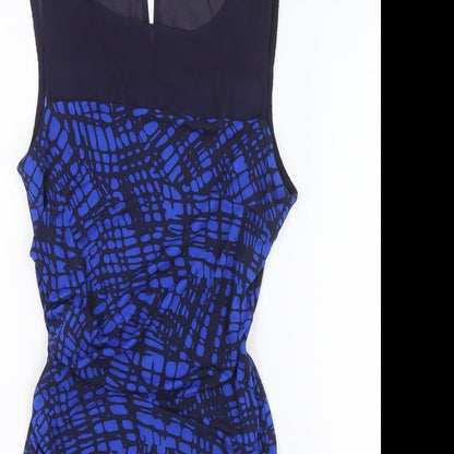 Next Womens Blue Geometric Polyester Bodycon Size 8 Boat Neck Button