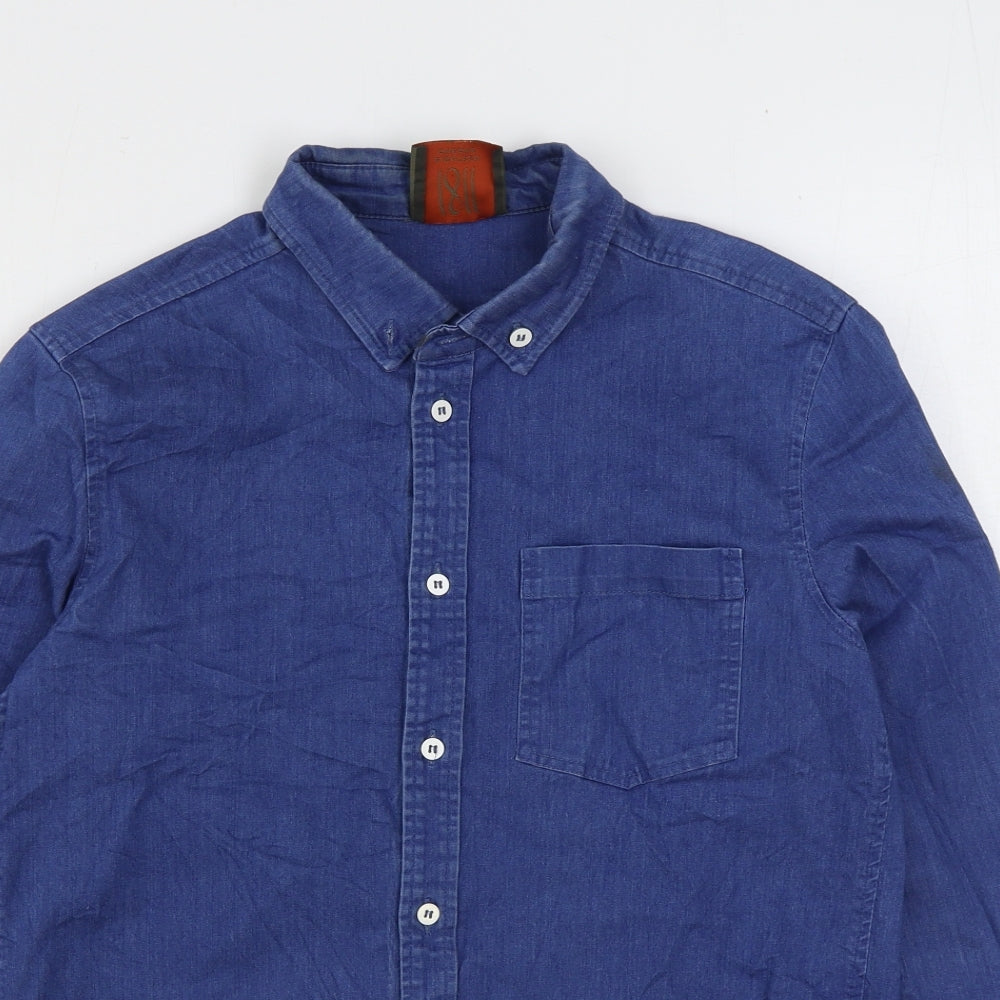 1811 Mens Blue Cotton Button-Up Size S Collared Button