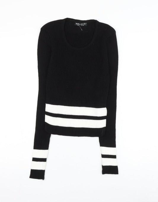 Select Womens Black Round Neck Striped Acrylic Pullover Jumper Size 8 - Cropped