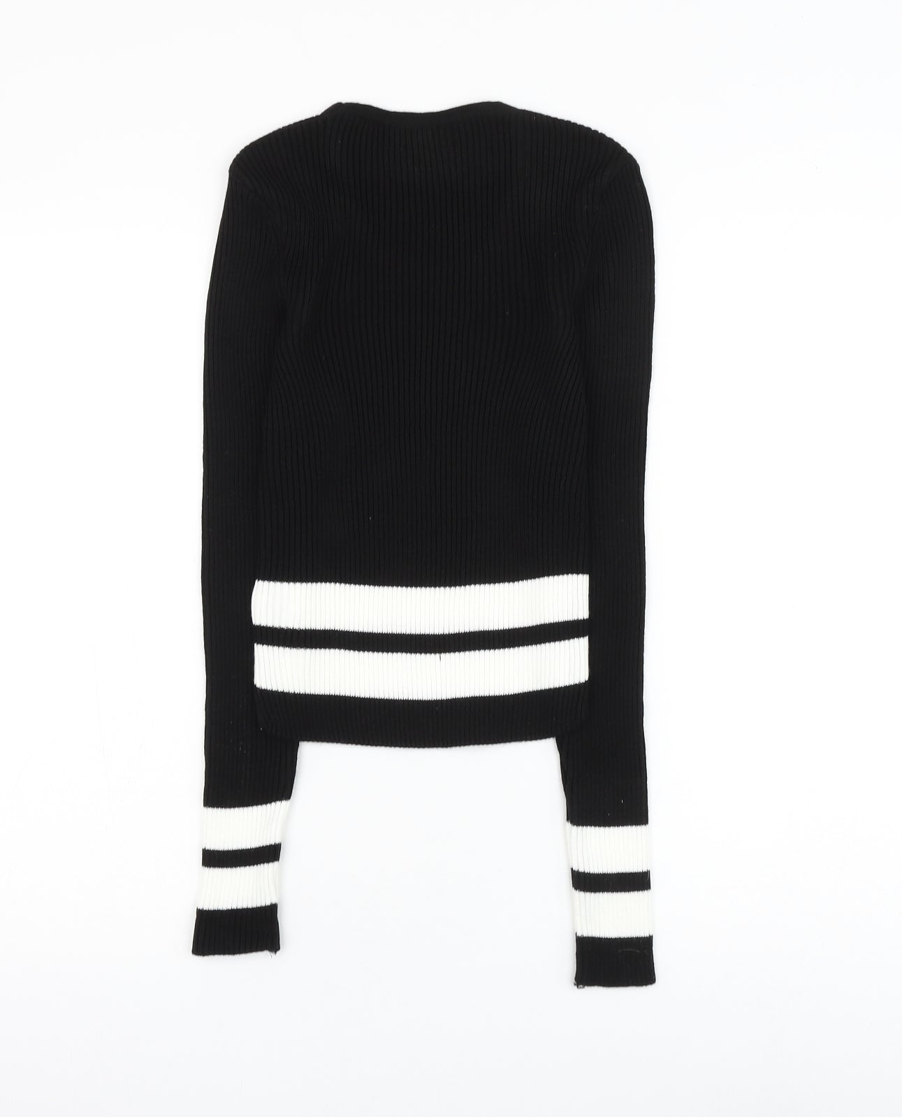 Select Womens Black Round Neck Striped Acrylic Pullover Jumper Size 8 - Cropped