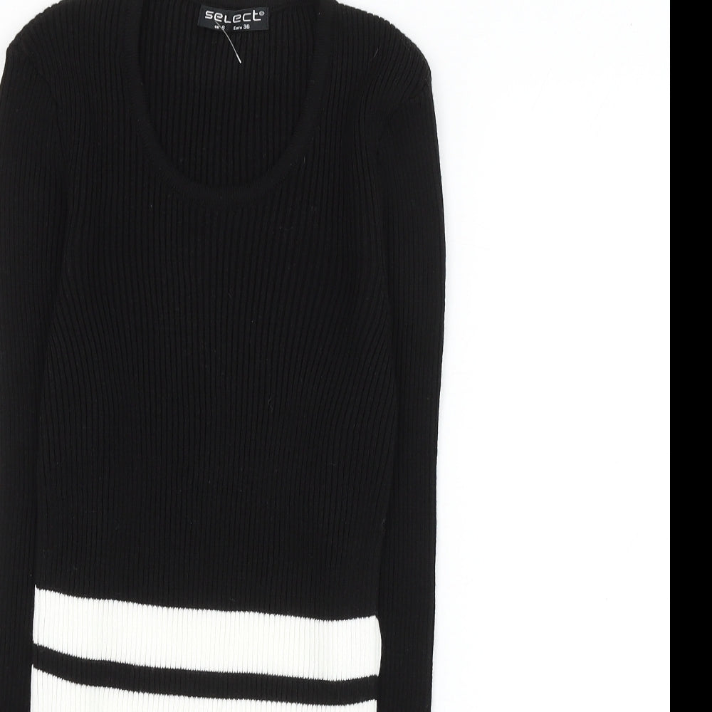 Select Womens Black Round Neck Striped Acrylic Pullover Jumper Size 8 - Cropped