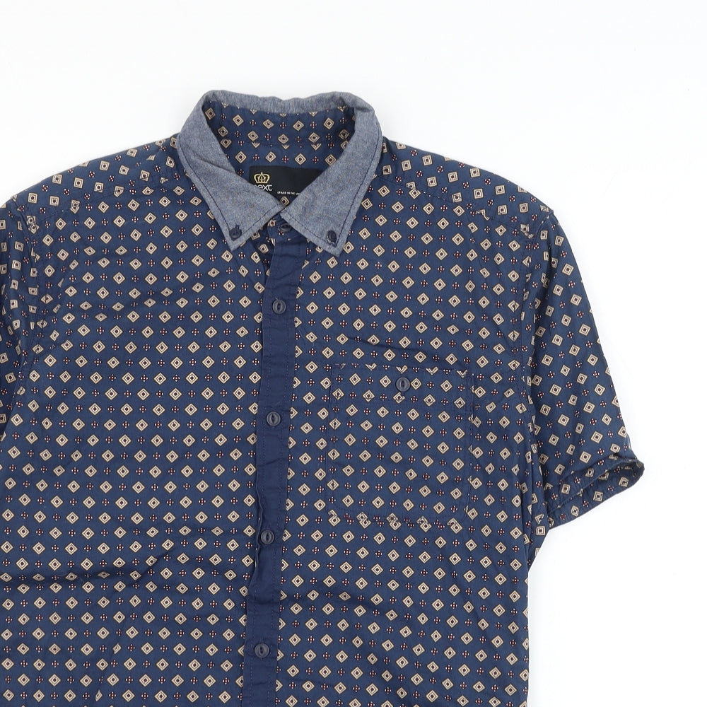 NEXT Mens Blue Geometric Cotton Button-Up Size S Collared Button
