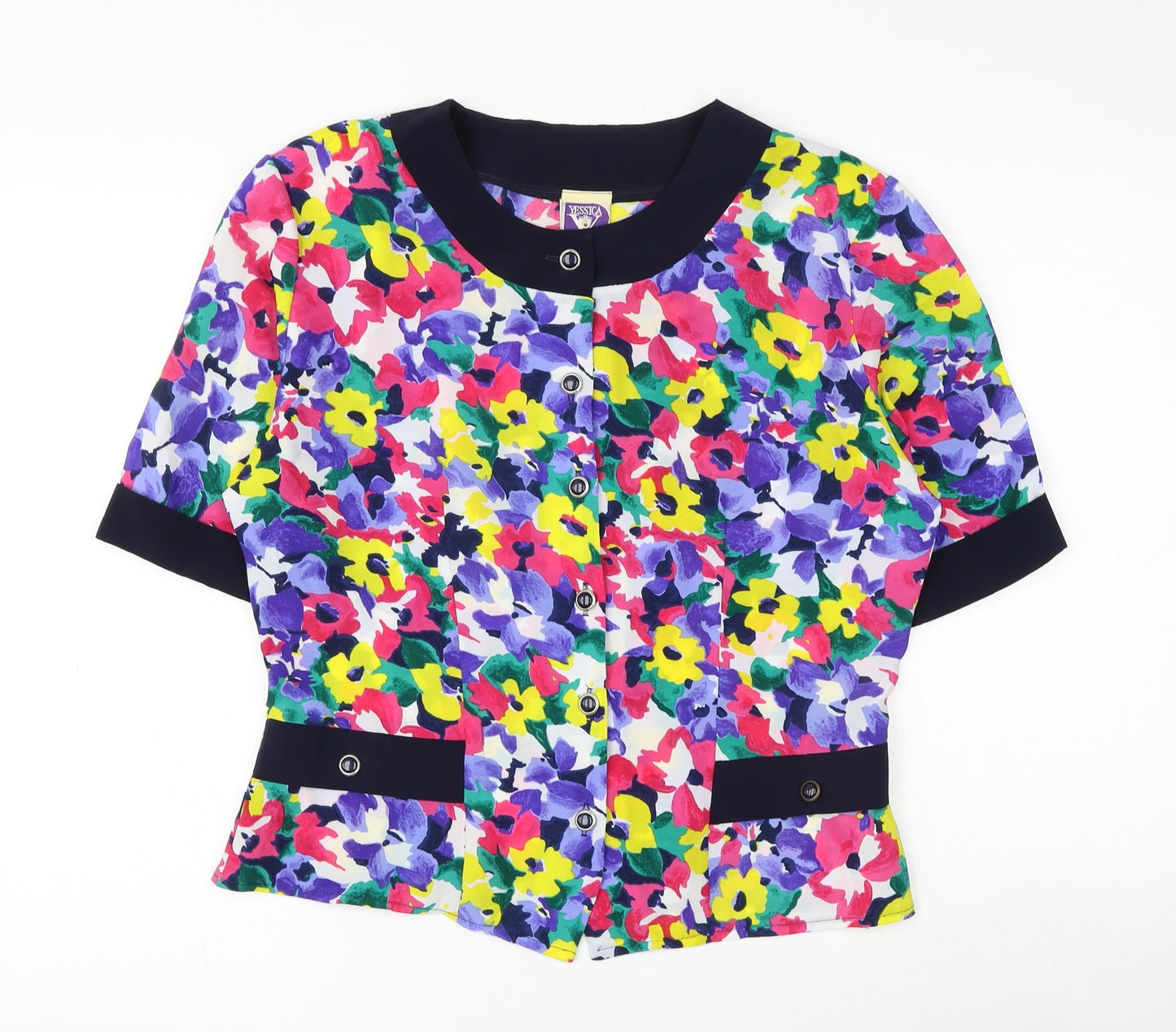 Yessica Womens Multicoloured Floral Polyester Basic Button-Up Size 12 Round Neck