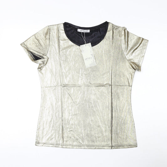 Up To U Womens Gold Animal Print Polyester Basic T-Shirt Size L Round Neck - Snake Print