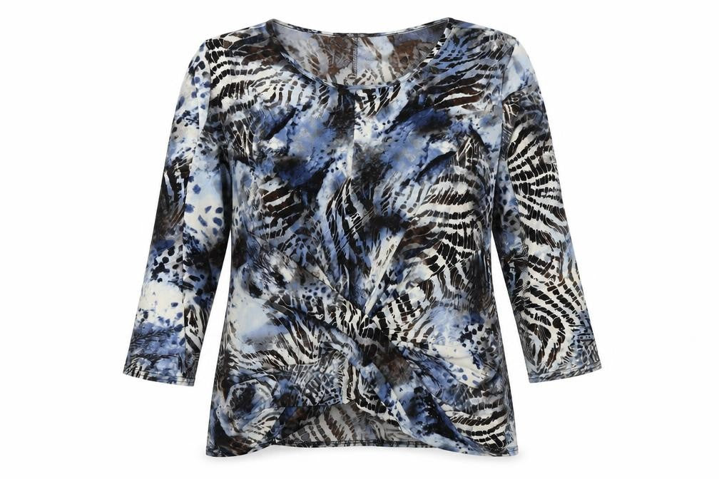 Nicole Womens Blue Geometric Polyester Basic Blouse Size M Round Neck - Knot Front