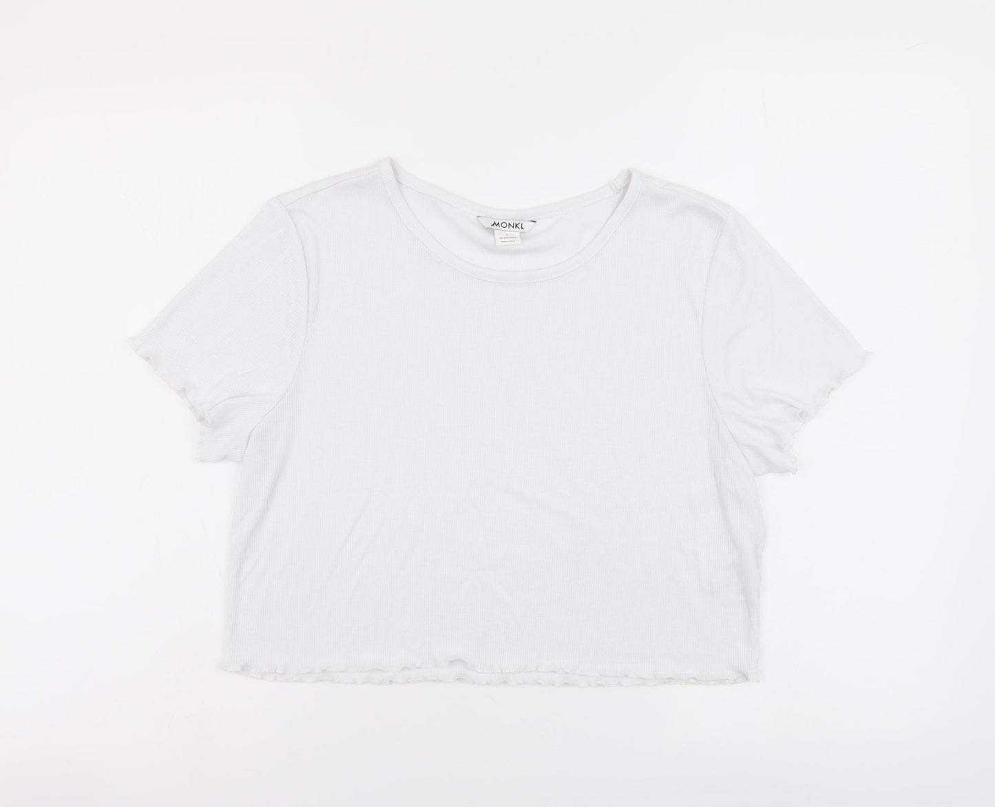 Monki Womens White Polyester Cropped T-Shirt Size L Round Neck - Ribbed