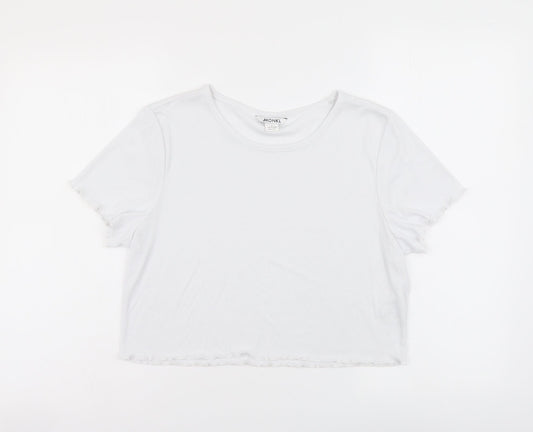 Monki Womens White Polyester Cropped T-Shirt Size L Round Neck - Ribbed