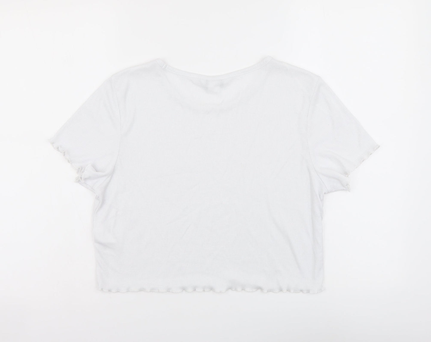 Monki Womens White Polyester Cropped T-Shirt Size L Round Neck - Ribbed