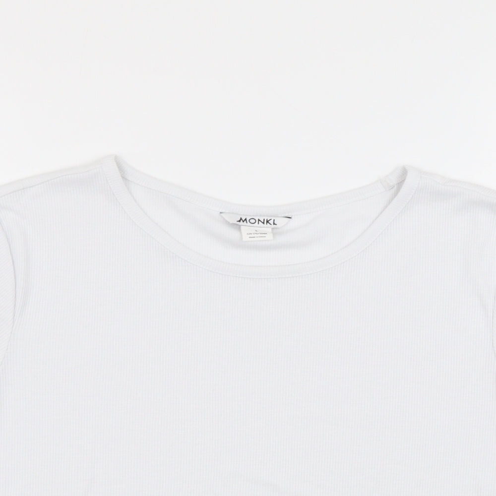 Monki Womens White Polyester Cropped T-Shirt Size L Round Neck - Ribbed